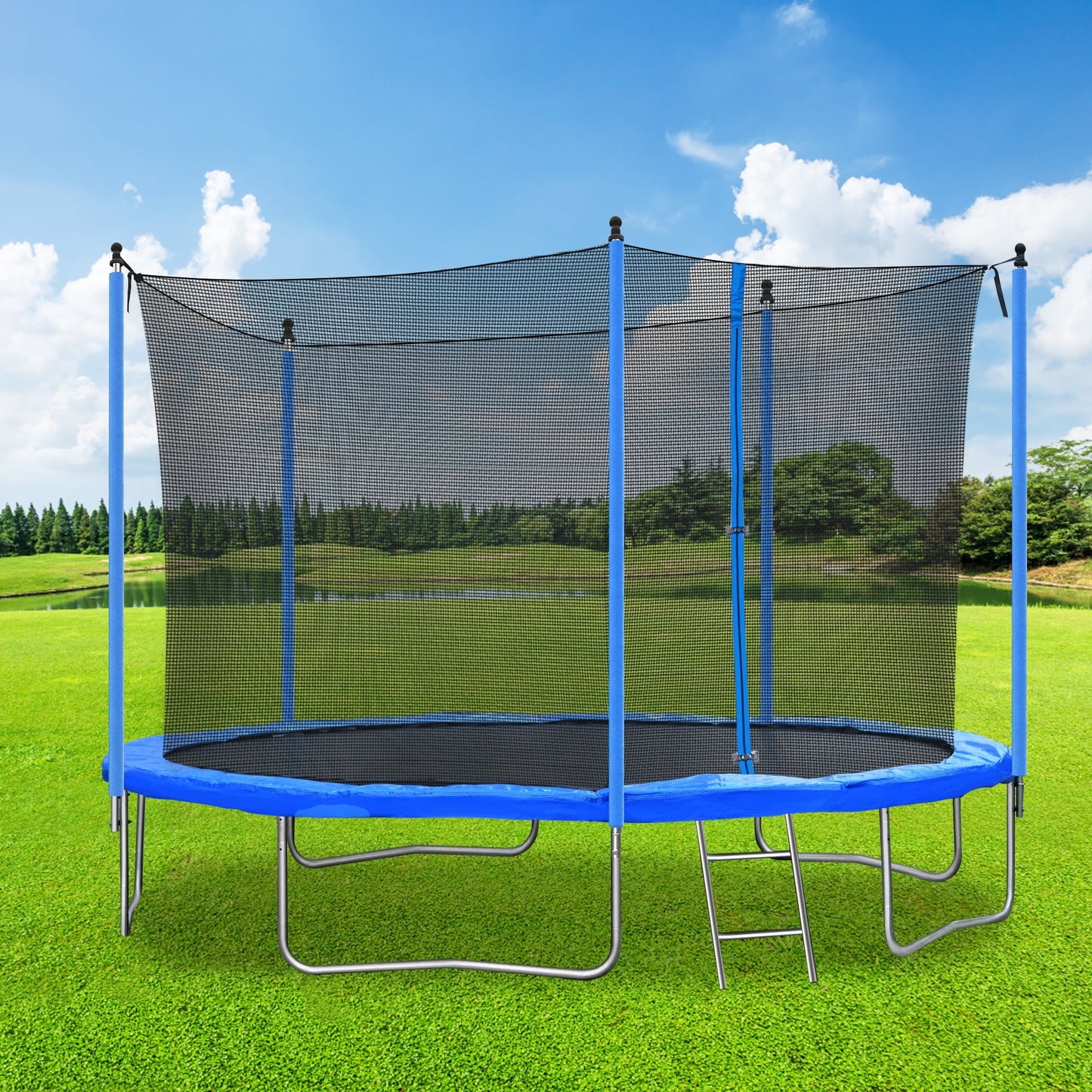 12FT Trampoline with Enclosure, Kids Trampoline with Non-slip Ladder, Backyard Patio Family Outdoor Recreational Trampoline, Including All Accessories