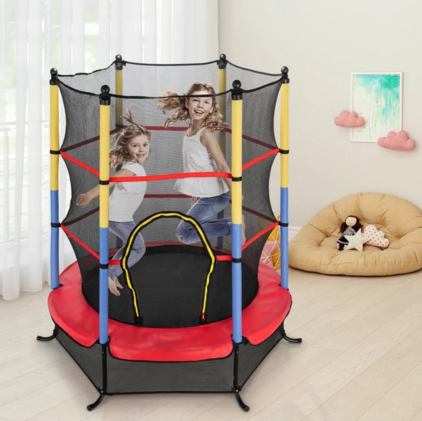 55¡± Mini Trampoline for Kids with Enclosure Net and Safety Pad, Heavy Duty Frame Round Trampoline for Indoor Outdoor,Help Children to Keep Healthy