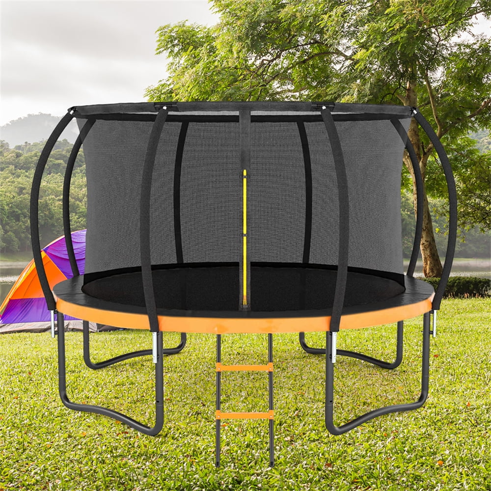 12FT Trampoline, Outdoor Big Trampoline with Inner Safety Enclosure Net, Thickened Recreational Trampoline with Ladder and PVC Spring Cover Padding, Outdoor Trampoline for Adults & Kids, Orange