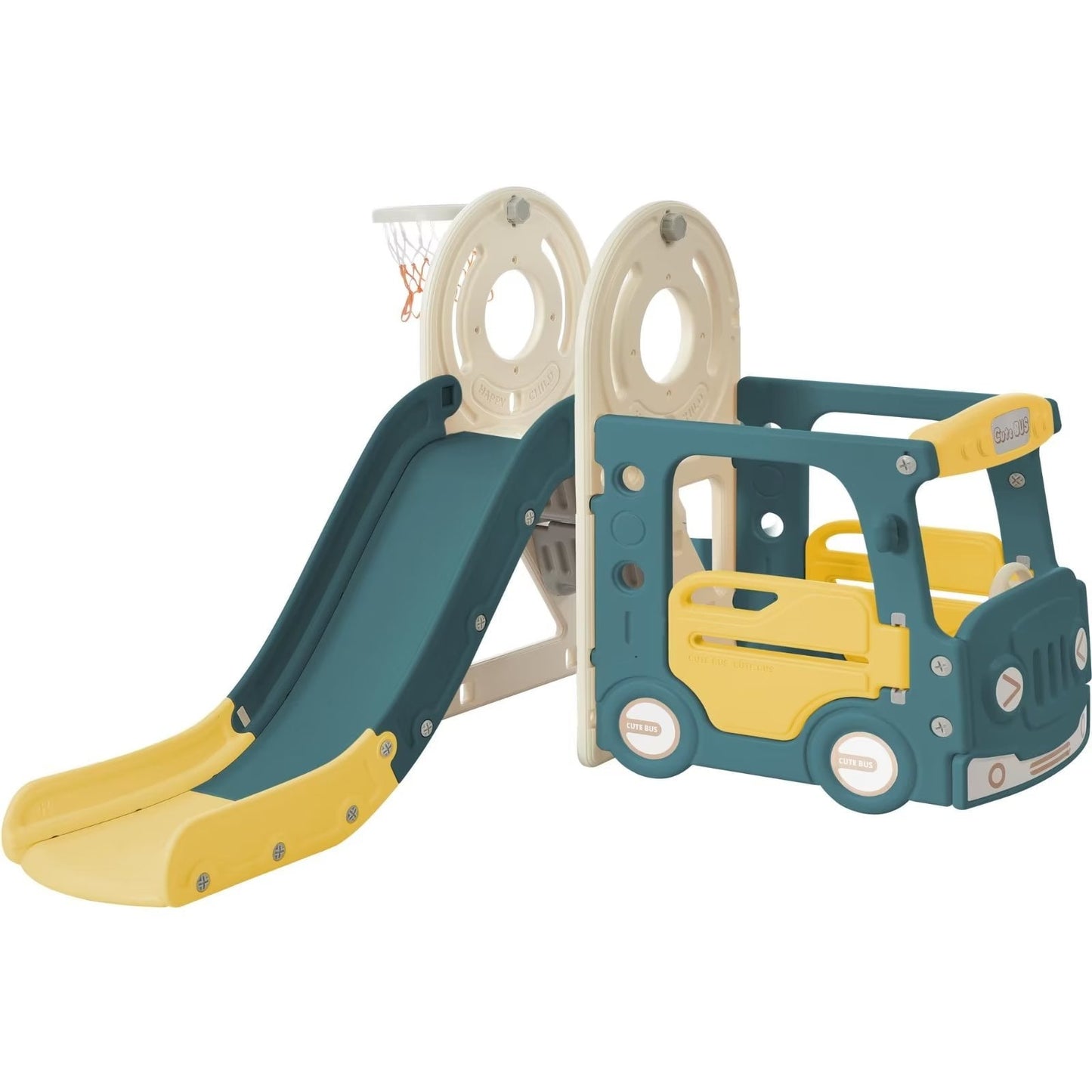4-in-1 Baby Slide, Indoor Outdoor Kids Slide with Basketball Hoop, Climber & Bus Playhouse, Freestanding Playground Slide, 39.8'' L x 67.7'' W x 37'' H, Yellow