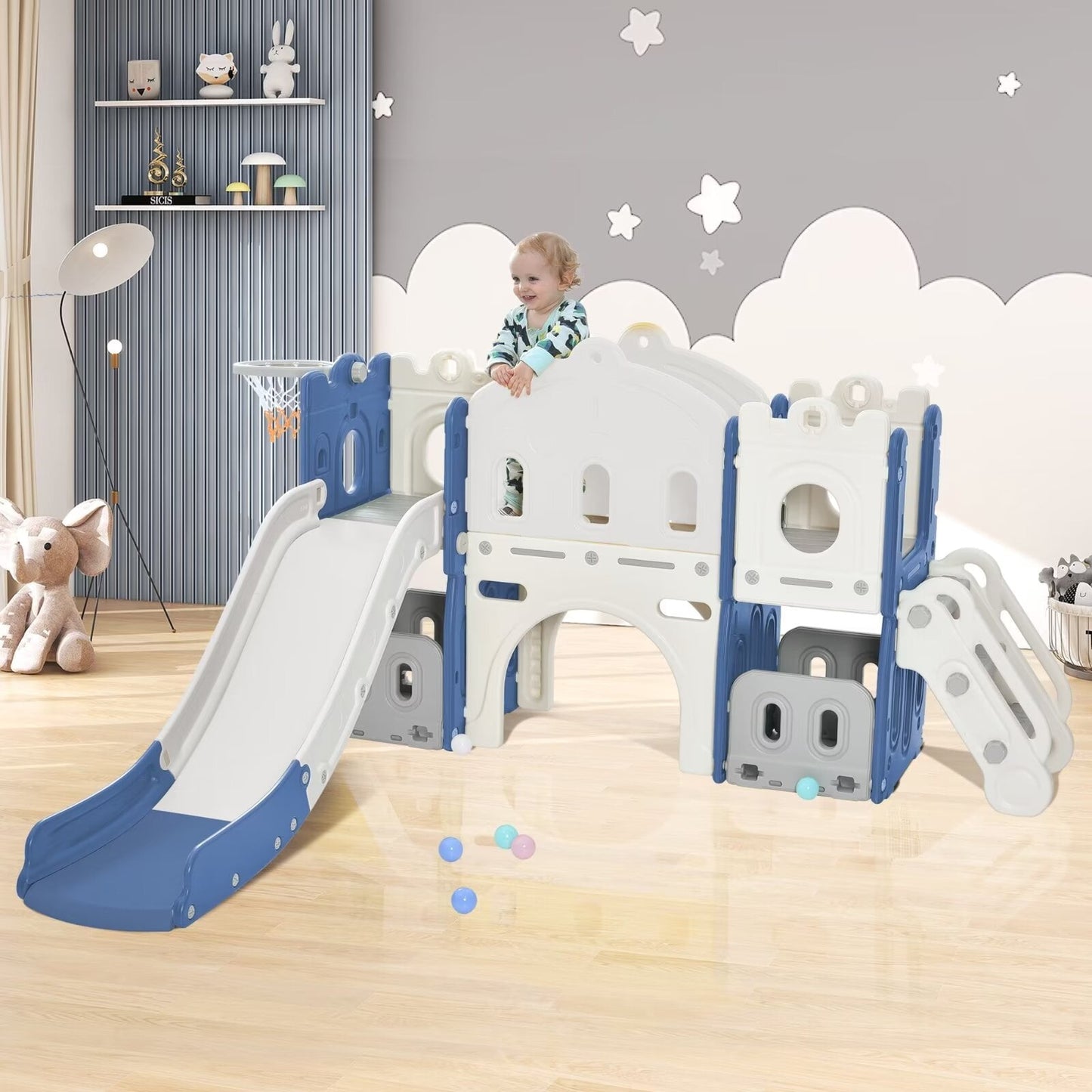 5 in 1 Toddler Slide and Climber Set, Kids Playground Freestanding Castle Slide Playset with Basketball Hoop, Kids Climbers Playhouse Toy Storage Organizer for Indoor & Outdoor, Blue