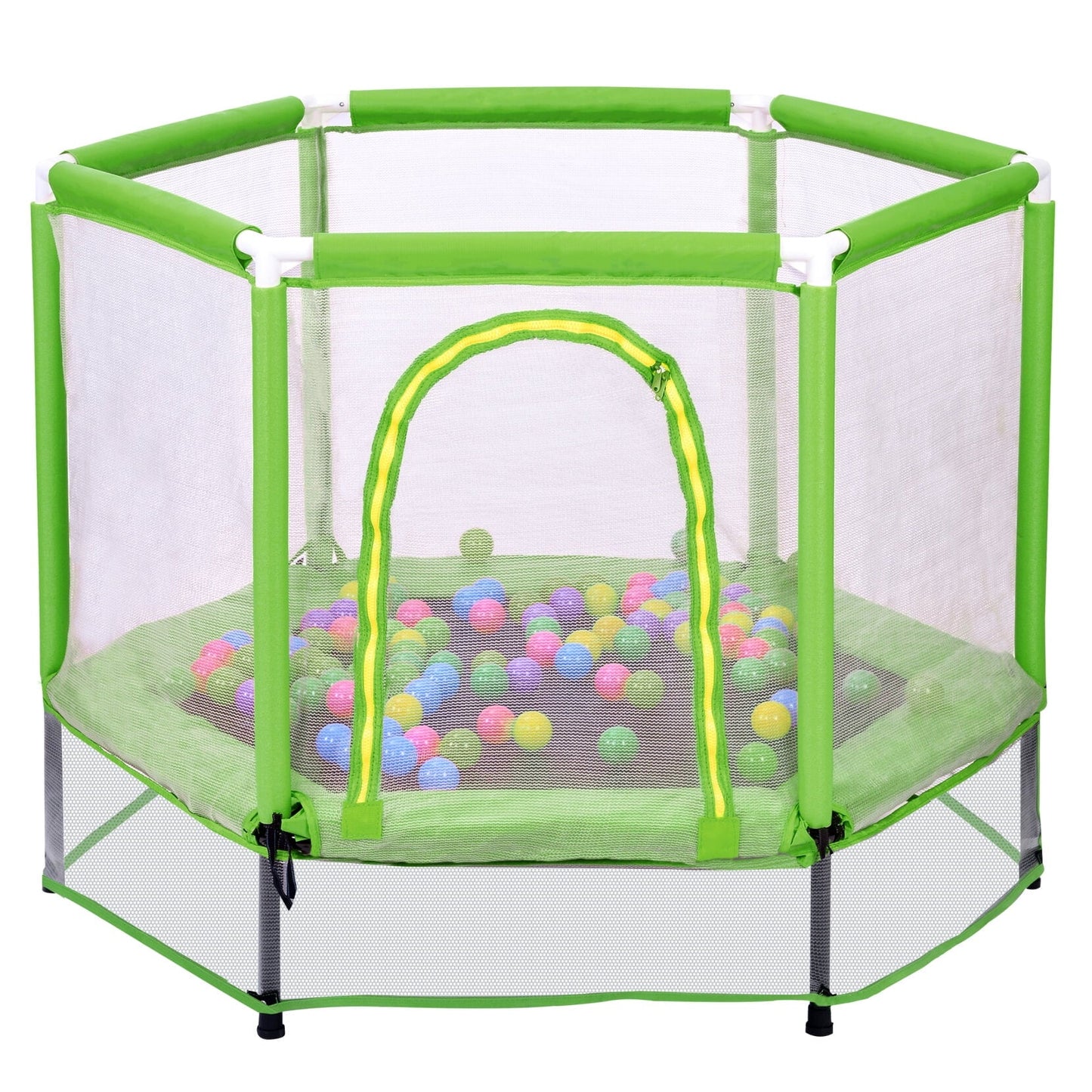 55'' Toddlers Trampoline, Indoor Outdoor Mini Trampoline with Ocean Ball and Safety Enclosure Net, Kids Small Round Trampoline with U-typed & Two-way Zipper for Boy and Girls, Green
