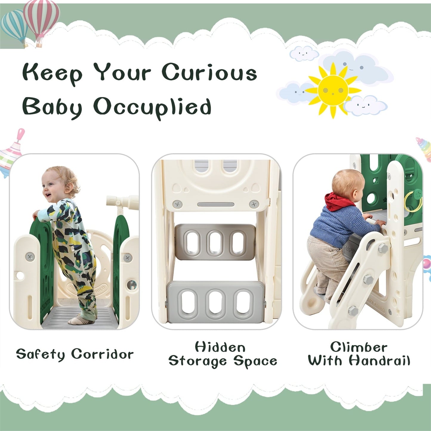 7-in-1 Kids Slide Playset Structure, Freestanding Castle Climbing Crawling Playhouse with Slide, Arch Tunnel, Ring Toss, and Basketball Hoop, Playground Toy Storage Organizer for Toddlers, Green