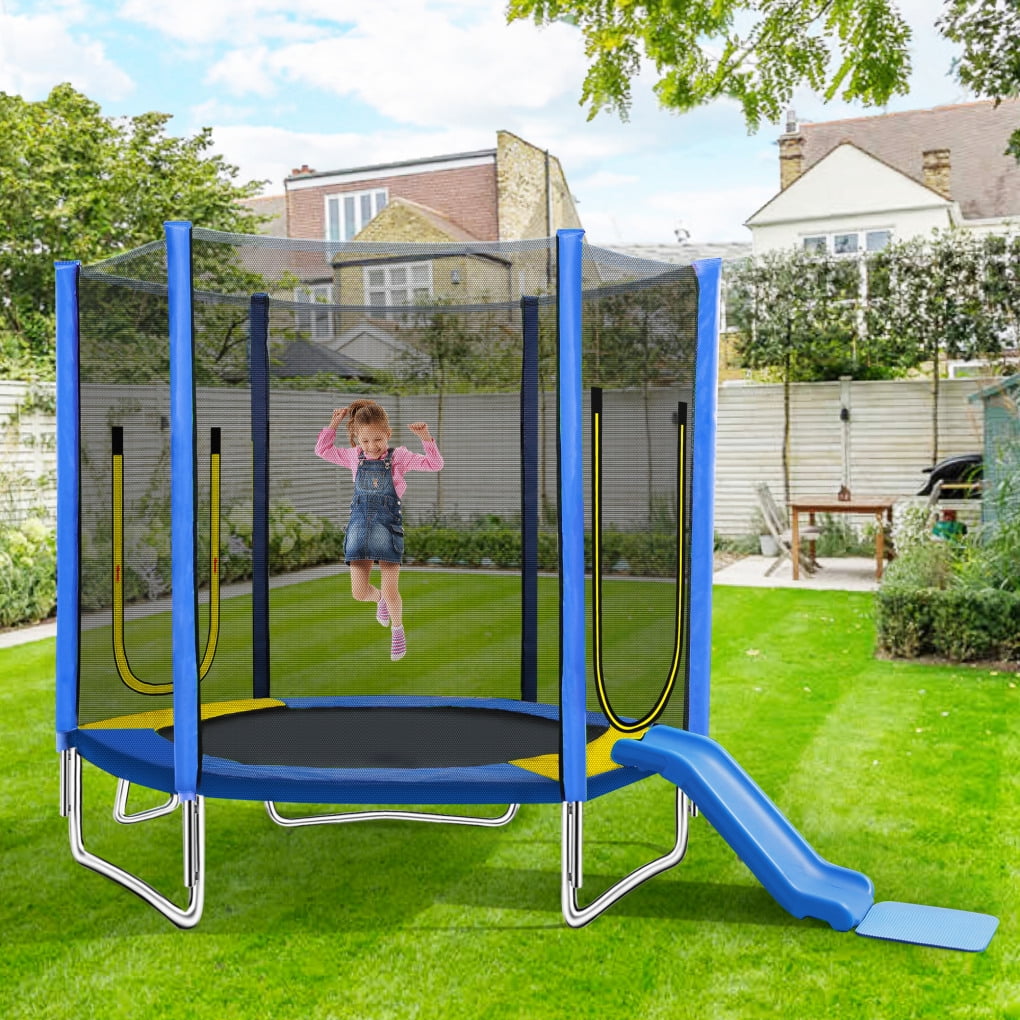 7FT Trampoline with Slide, Recreational Trampoline with Safety Enclosure Net and Ladder, Easy Assembly Round Outdoor Trampoline for Kids, Blue