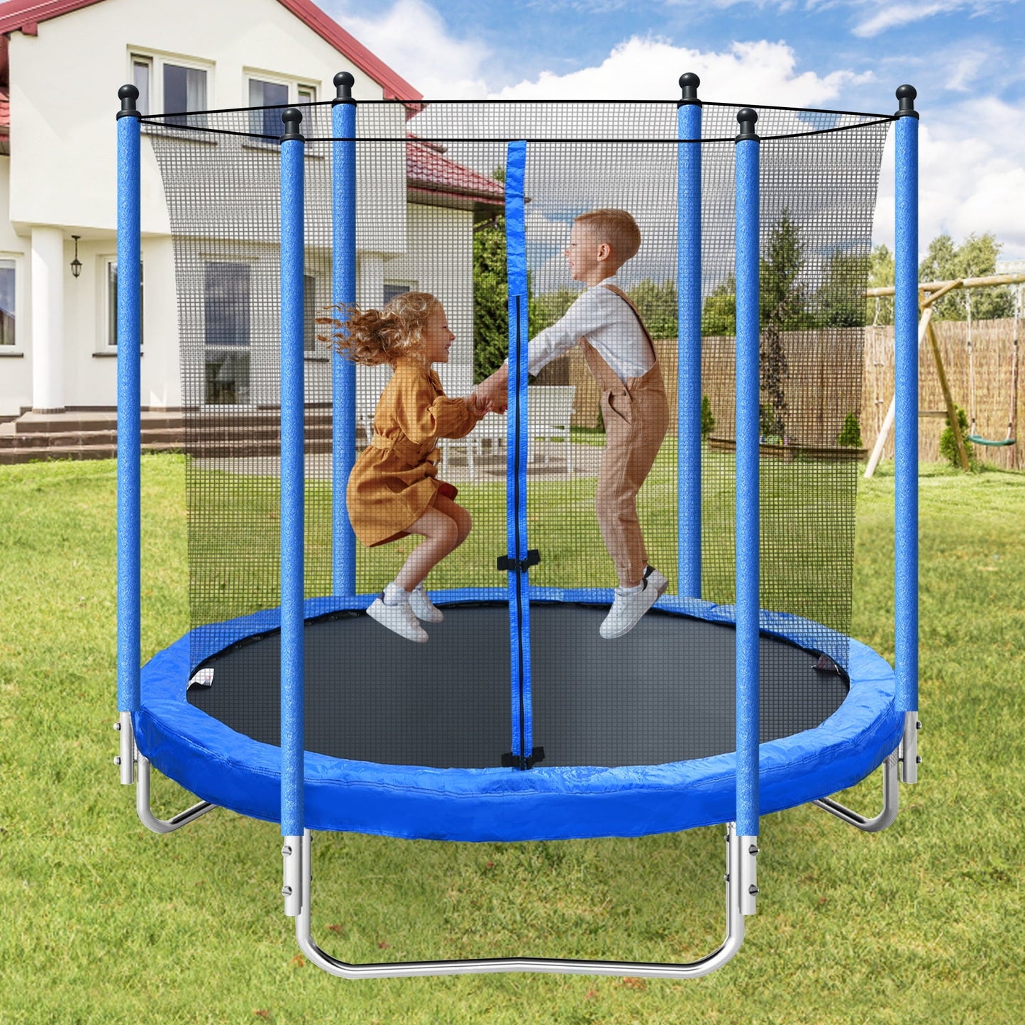 8FT Trampoline with Enclosure, Kids Trampoline with Non-slip Ladder, Backyard Patio Family Outdoor Recreational Trampoline, Including All Accessories