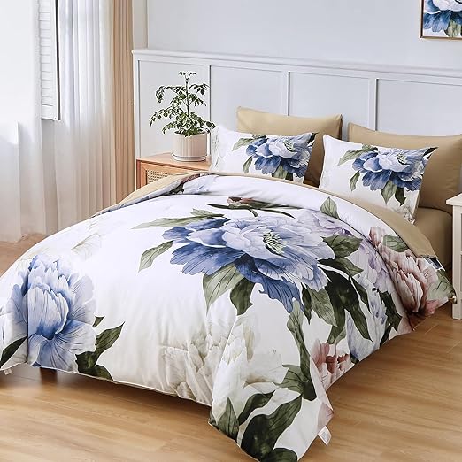 Blue Queen Comforter Set 7 Piece Bed in a Bag Queen, Blue Floral Print on Light Blue