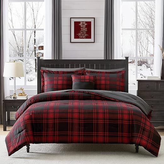 Queen Comforter Set, Plaid Design Comforter Set 7 Pieces, All Season Comfortable