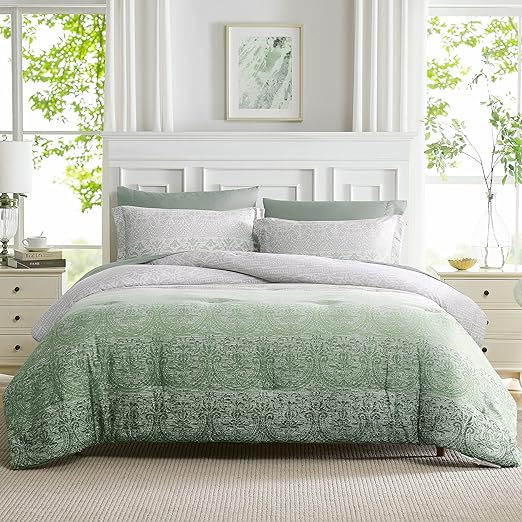 Queen Comforter Set, Bed in a Bag 7-Pcs, Boho Floral Print Bedding, All Season Comfortable