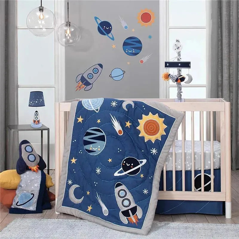 Lambs & Ivy Milky Way Space Galaxy 4-Piece Baby Crib Bedding Set in Blue & Gray Boy