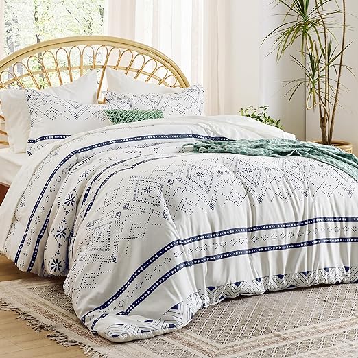 Queen Comforter Set - 7 Pieces Blue Floral Bedding Sets Queen Bed in a Bag