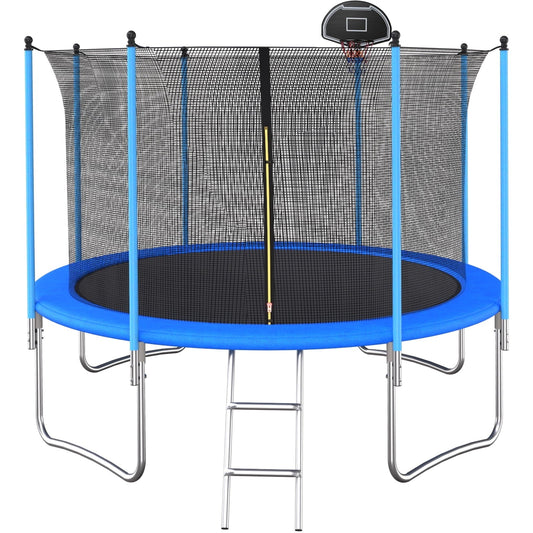 10FT Trampoline for Kids with Basketball Hoop, BTMWAY Outdoor Recreational Trampoline with Safety Enclosure/Ladder, All-Weather Large Trampoline for Backyard Garden Patio, Blue