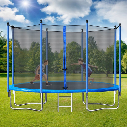 10ft Round Trampoline for Kids with Safety Enclosure Net, Outdoor Recreational Trampoline with Metal Ladder and Steel Tube, Trampoline & High Stability