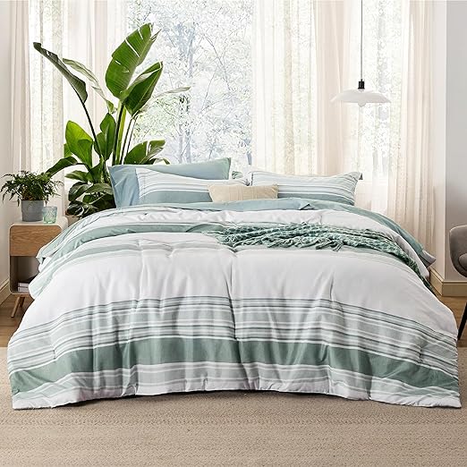 Bedding Sets Queen 7 Pieces, Striped Blue Comforter Set Queen All Season Bed Set
