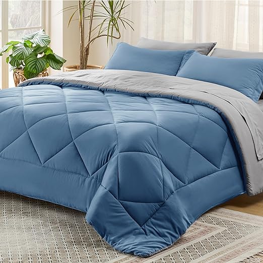 Navy Comforter Set King - 7 Pieces Reversible King Navy Bed in a Bag, Bed Sets King