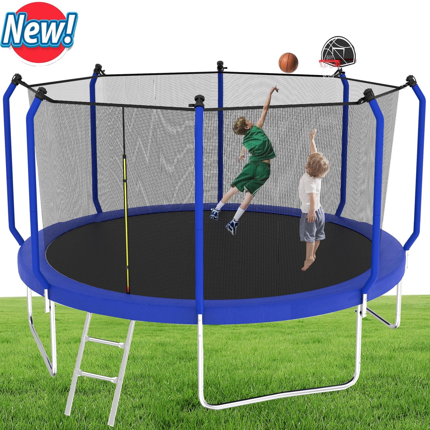 14FT Trampoline for Kids, Seizeen Large Outdoor Trampoline with Enclosure, 2-IN-1 Adults Trampoline & Basketball Hoop, Curved Pole Design, Max Weight 1320 LBS