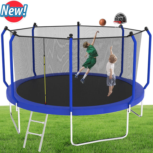 14FT Trampoline for Kids, Seizeen Large Outdoor Trampoline with Enclosure, 2-IN-1 Adults Trampoline & Basketball Hoop, Curved Pole Design, Max Weight 1320 LBS