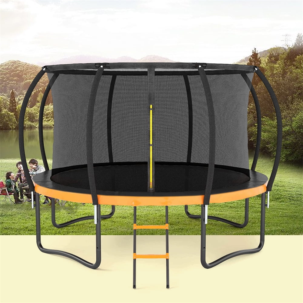 14FT Trampoline, Outdoor Big Trampoline with Inner Safety Enclosure Net, Thickened Recreational Trampoline with Ladder and PVC Spring Cover Padding, Outdoor Trampoline for Adults & Kids, Orange