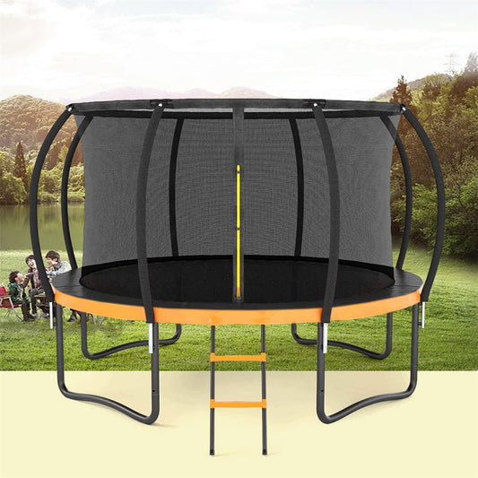 14FT Trampoline, Outdoor Big Trampoline with Inner Safety Enclosure Net, Thickened Recreational Trampoline with Ladder and PVC Spring Cover Padding, Outdoor Trampoline for Adults & Kids, Orange