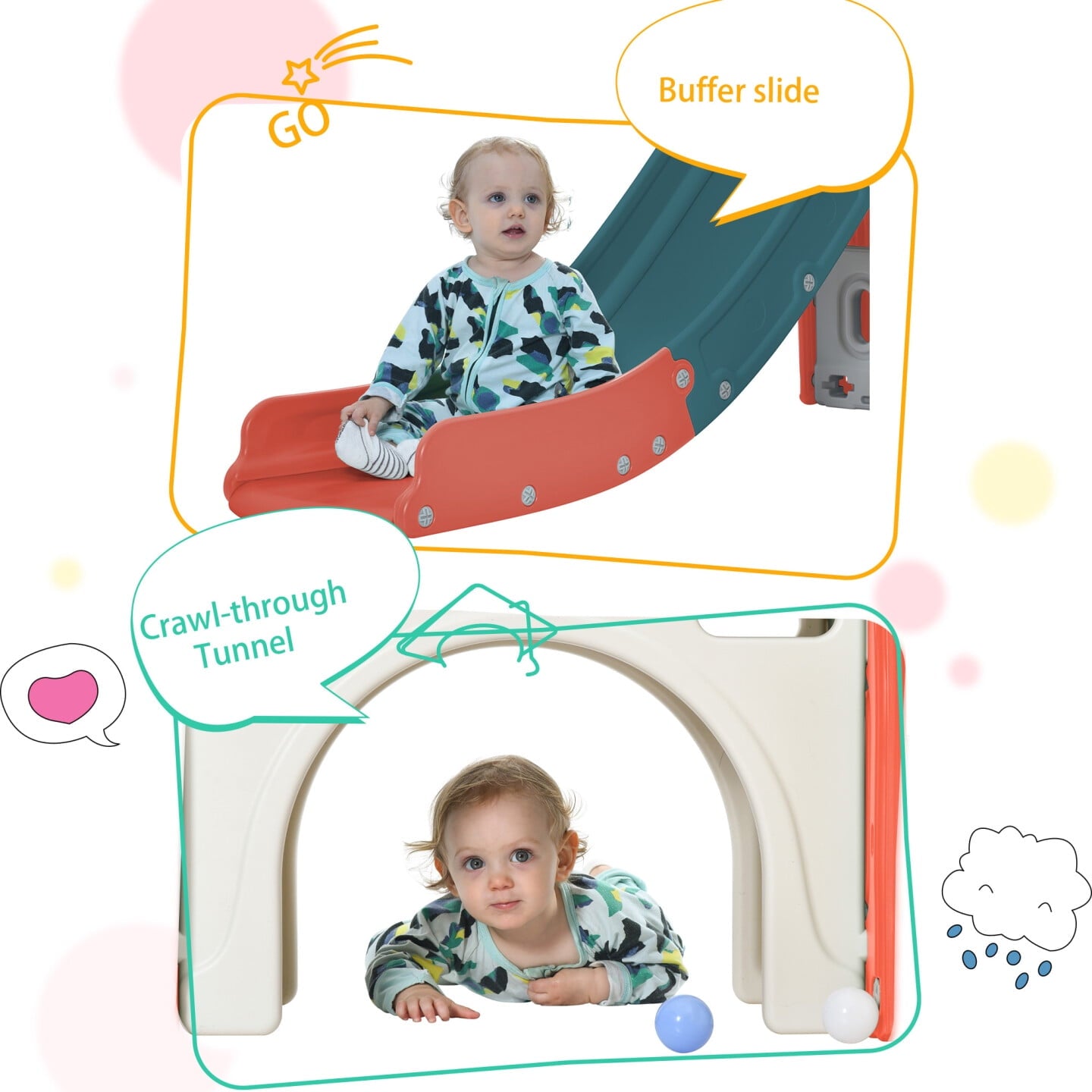 5-in-1 Toddlers Slide Playset Structure, Freestanding Castle Climber Toy Storage Organizer with Slide and Basketball Hoop, Child Climbers Playhouse for Indoor Outdoor Playground Activity,Red