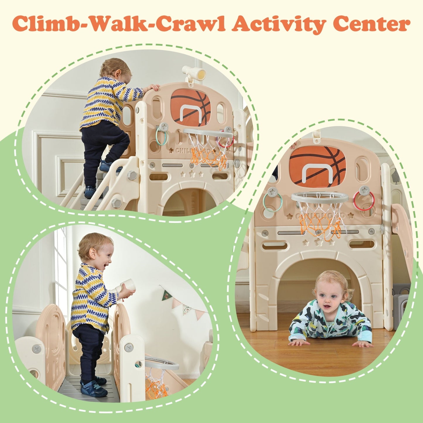 9 in 1 Kids Slide Playset Structure,Freestanding Castle Climbing Crawling Playhouse with Slide,Arch Tunnel,Loop Toss,Realistic Bus Model,Basketball Hoop and Toy Storage Organizer,Pink