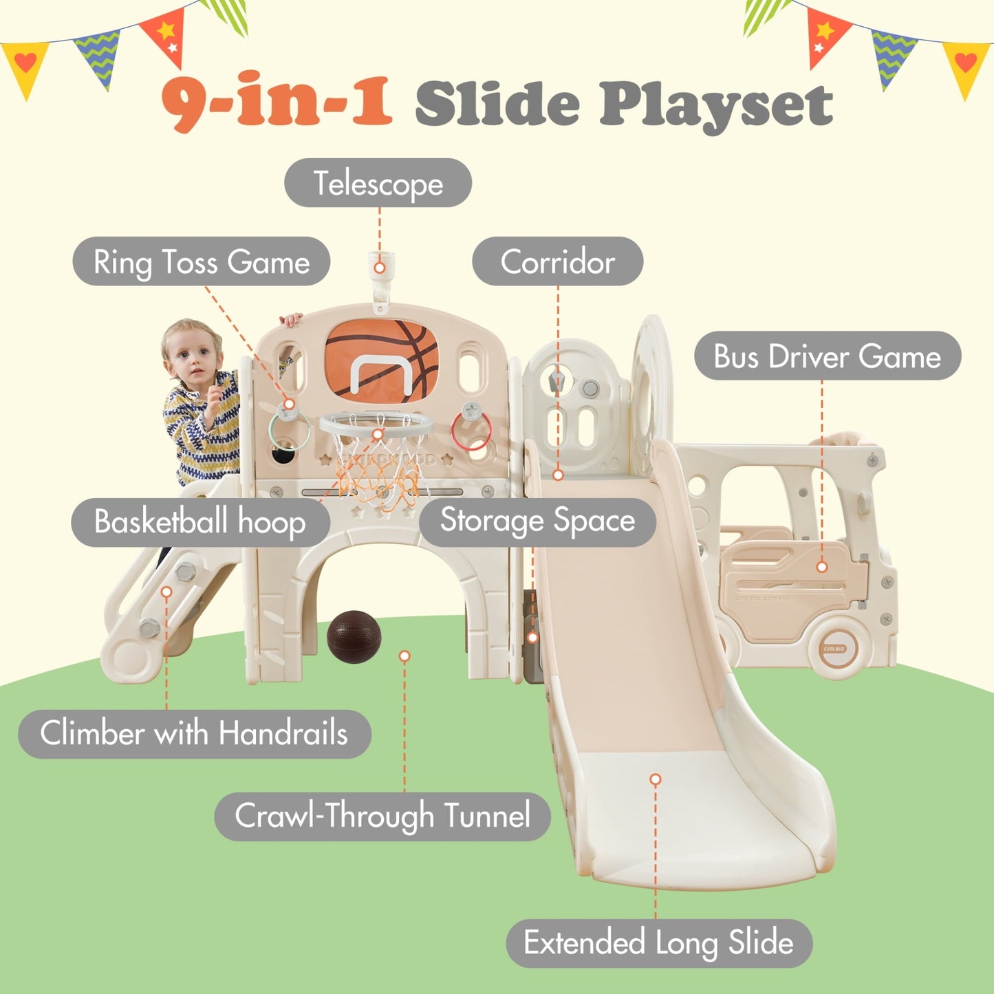 9 in 1 Kids Slide Playset Structure,Freestanding Castle Climbing Crawling Playhouse with Slide,Arch Tunnel,Loop Toss,Realistic Bus Model,Basketball Hoop and Toy Storage Organizer,Pink