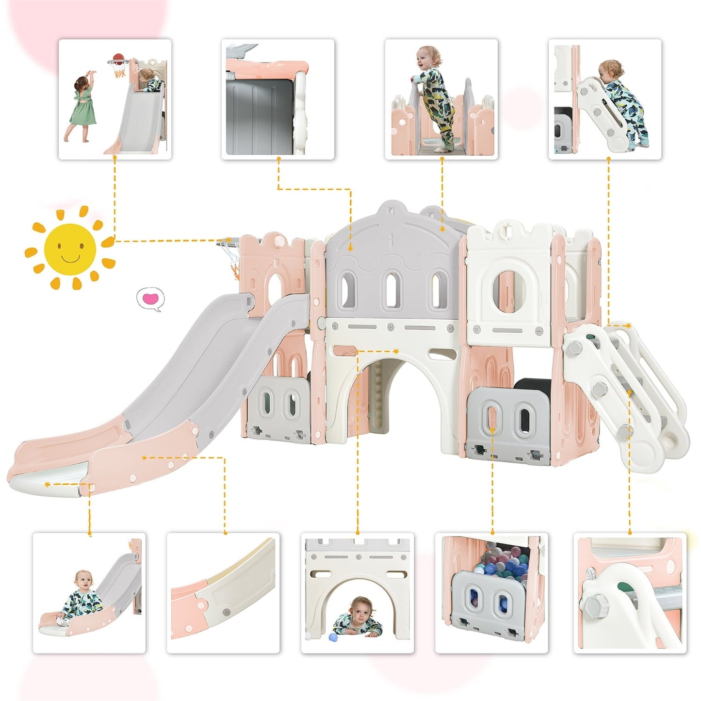 5-in-1 Toddlers Slide Playset Structure, Freestanding Castle Climber with Slide & Basketball Hoop, Playhouse Toy Storage Organizer for Indoor Outdoor Playground Activity, Pink