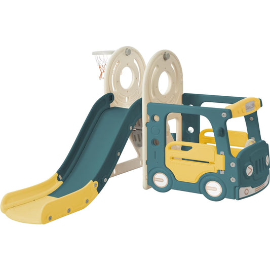 4-in-1 Baby Slide, Indoor Outdoor Kids Slide with Basketball Hoop, Climber & Bus Playhouse, Freestanding Playground Slide, 39.8'' L x 67.7'' W x 37'' H, Yellow