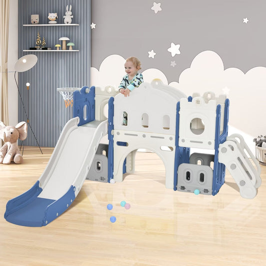 5 in 1 Toddler Slide and Climber Set, Kids Playground Freestanding Castle Slide Playset with Basketball Hoop, Kids Climbers Playhouse Toy Storage Organizer for Indoor & Outdoor, Blue
