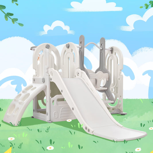5 in 1 Toddler Slide and Swing Set,Kids Playhouse Climber Slide Playset with Basketball Hoop,Freestanding Slide Combination for Babies Indoor Outdoor Playground Yard,Gray