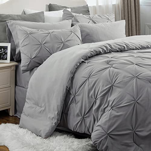 Queen Comforter Set - 7 Pieces Comforters Queen Size Grey, Pintuck Bedding Sets