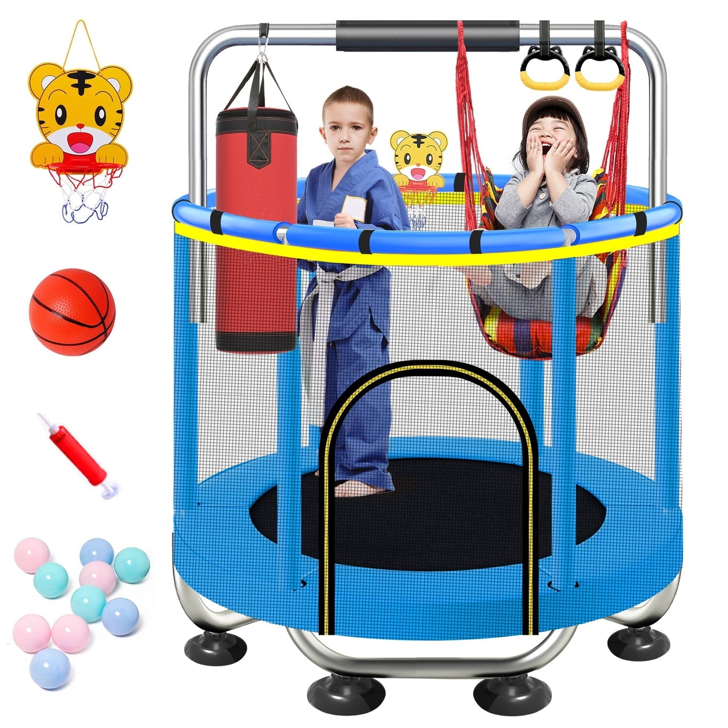 55' Mini Trampoline for Kids, Indoor Outdoor Toddler Trampoline with Basketball Hoop, Adjustable Bars and Rings, Swing and Boxing Bag Small Trampoline for Boys & Girls Gifts