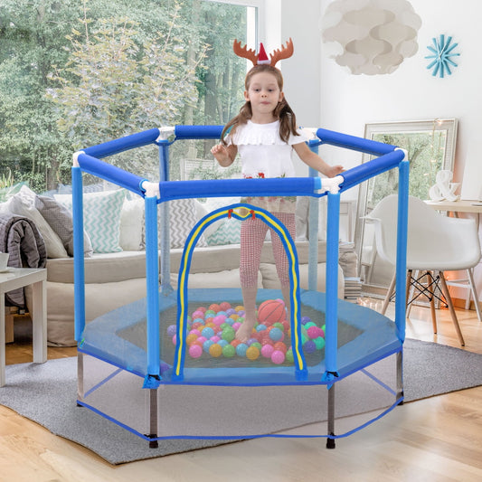 55'' Toddlers Trampoline, Indoor Outdoor Mini Trampoline with Ocean Ball and Safety Enclosure Net, Kids Small Round Trampoline with U-typed & Two-way Zipper for Boy and Girls, Blue