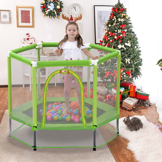 55'' Toddlers Trampoline with Safety Enclosure Net and Balls, Indoor Outdoor Mini Trampoline with Safety Enclosure Net and Balls, Birthday Gifts Baby Toddler Trampoline Toys for Kids, Green