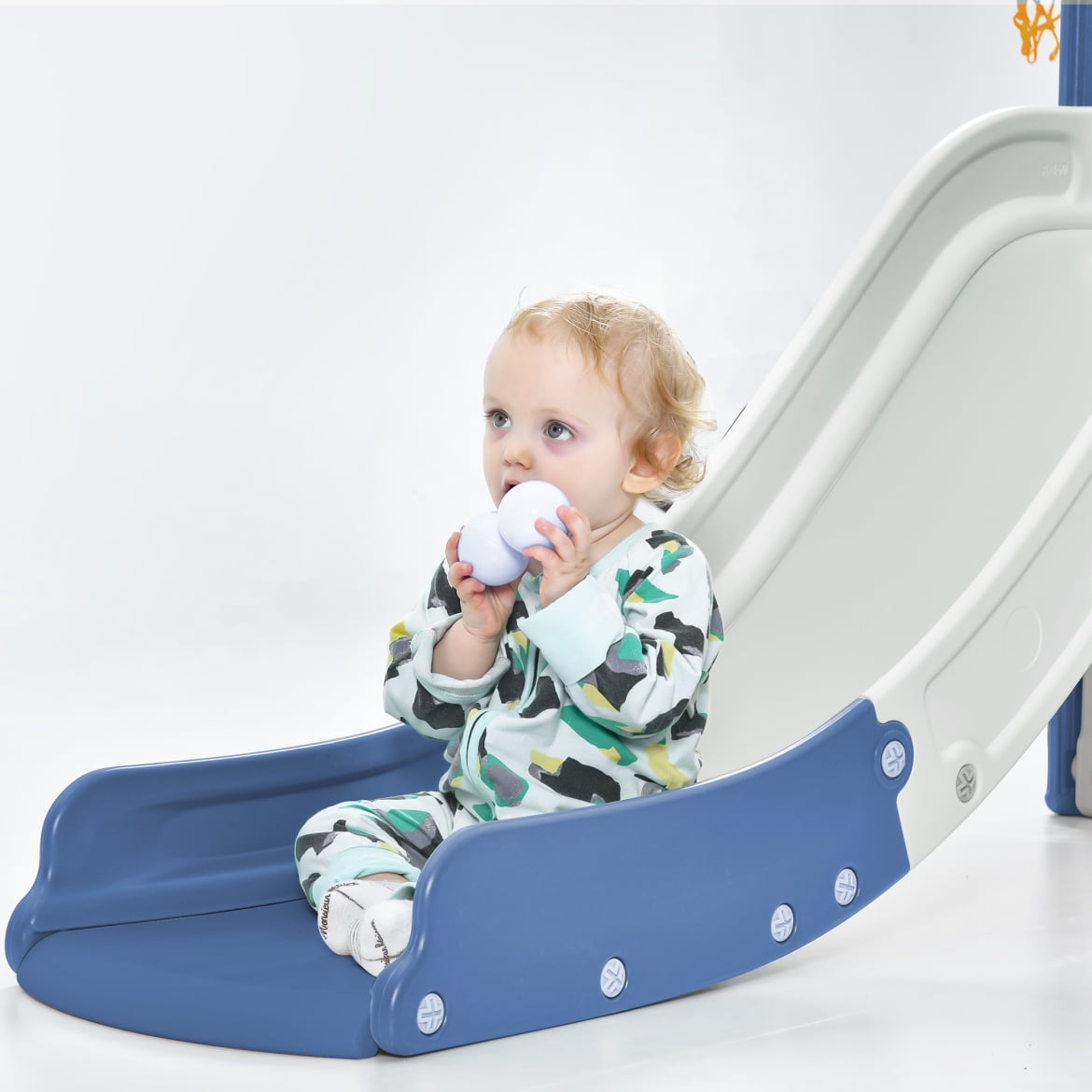 5 in 1 Slide Playset Structure, Freestanding Castle Climber with Slide and Basketball Hoop, Toy Storage Organizer for Toddlers, Kids Climbers Playhouse for Indoor Outdoor Playground Activity, Blue