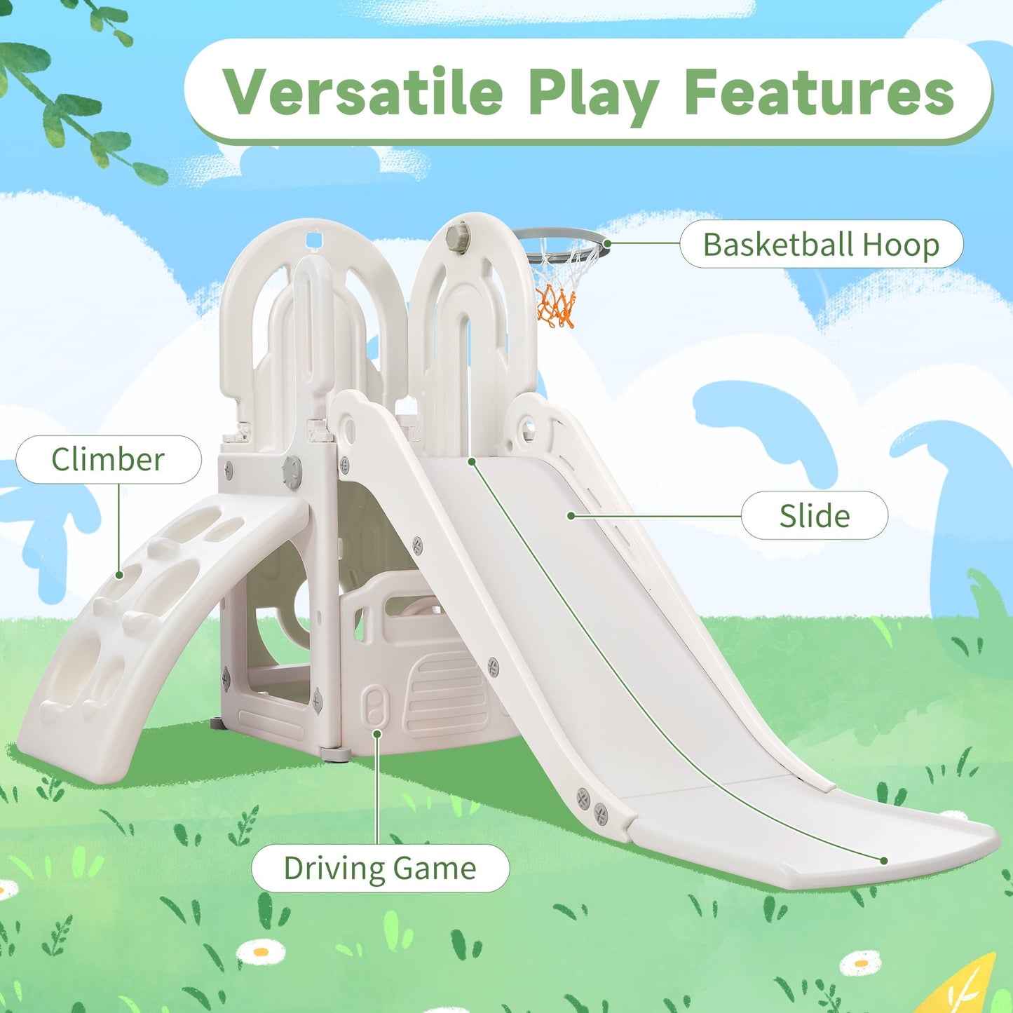 4 in 1 Toddler Climber and Slide Set with Basketball Hoop,Kids Climber & Bus Playhouse Slide Playset,Gray