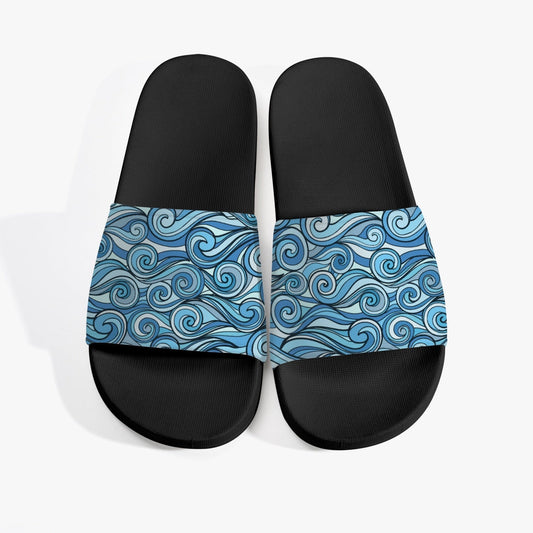Groovy Waves Slides Sandals, Men Women Blue Ocean Black Designer Shoe Flat Wedge Slippers Casual Flip Flops Slip On Starcove Fashion