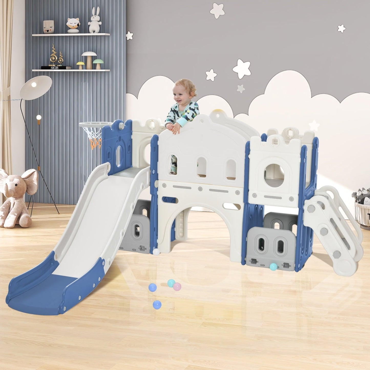 7-in-1 Toddler Indoor and Outdoor Castle Playset,Freestanding Castle Climbing Crawling Playhouse with Slide, Toy Storage Organizer for Toddlers, Kids Climbers Playground,for Age 1-3 ,Blue