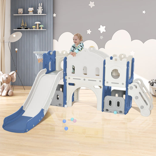 7-in-1 Toddler Indoor and Outdoor Castle Playset,Freestanding Castle Climbing Crawling Playhouse with Slide, Toy Storage Organizer for Toddlers, Kids Climbers Playground,for Age 1-3 ,Blue