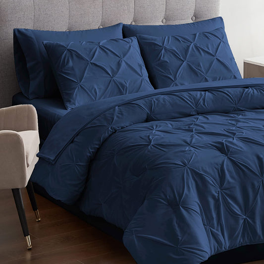 Queen Comforter Set 7 Pieces Pinch Pleat Bed in A Bag, Navy Comforter Queen Sets