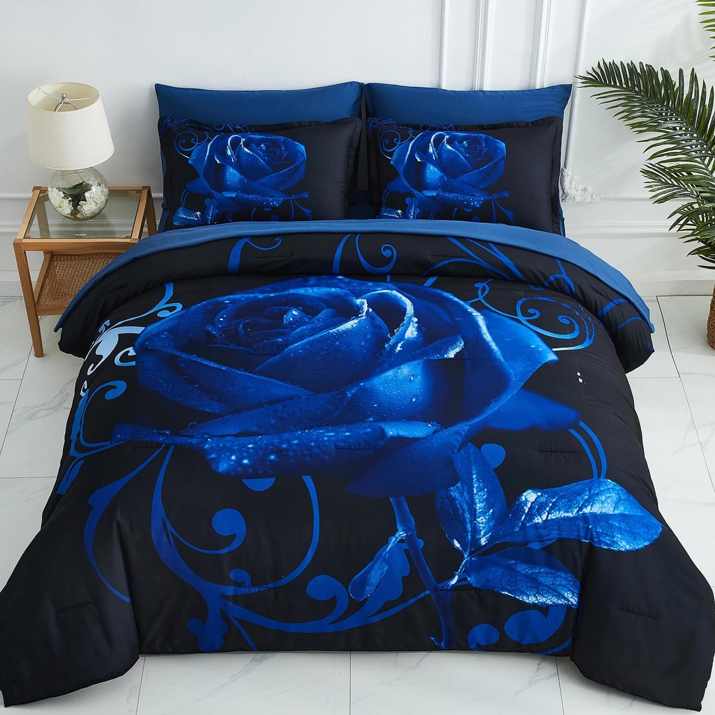 Blue Comforter Set 7 Piece Bed in a Bag Blue Rose Comforter with Reversible Bedding Set