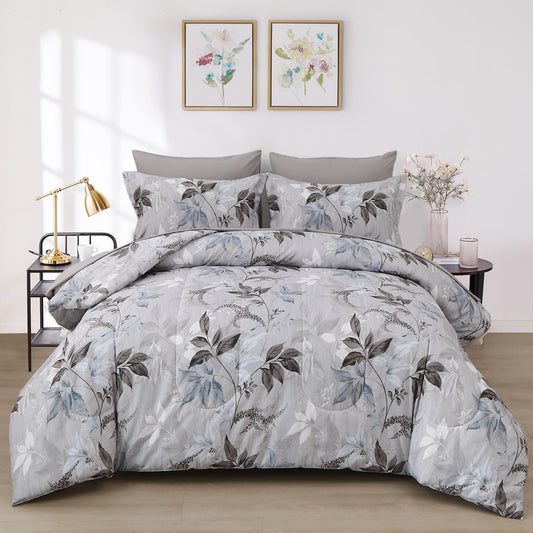 Botanical Comforter Set Queen Size 7 Pieces Bed in a Bag Grey Botanical Floral Comforter