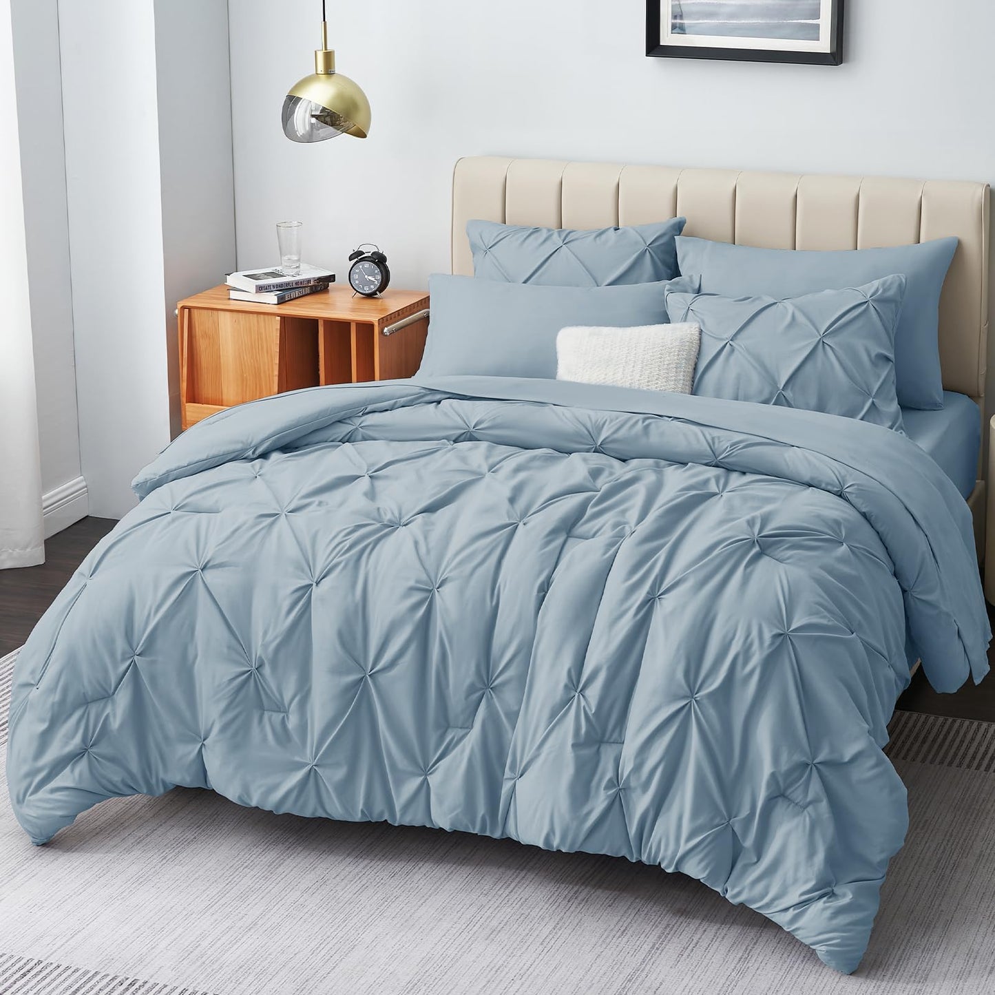 Queen Comforter Set - 7 Pieces Comforters Queen Size Light Blue, Pintuck Bed