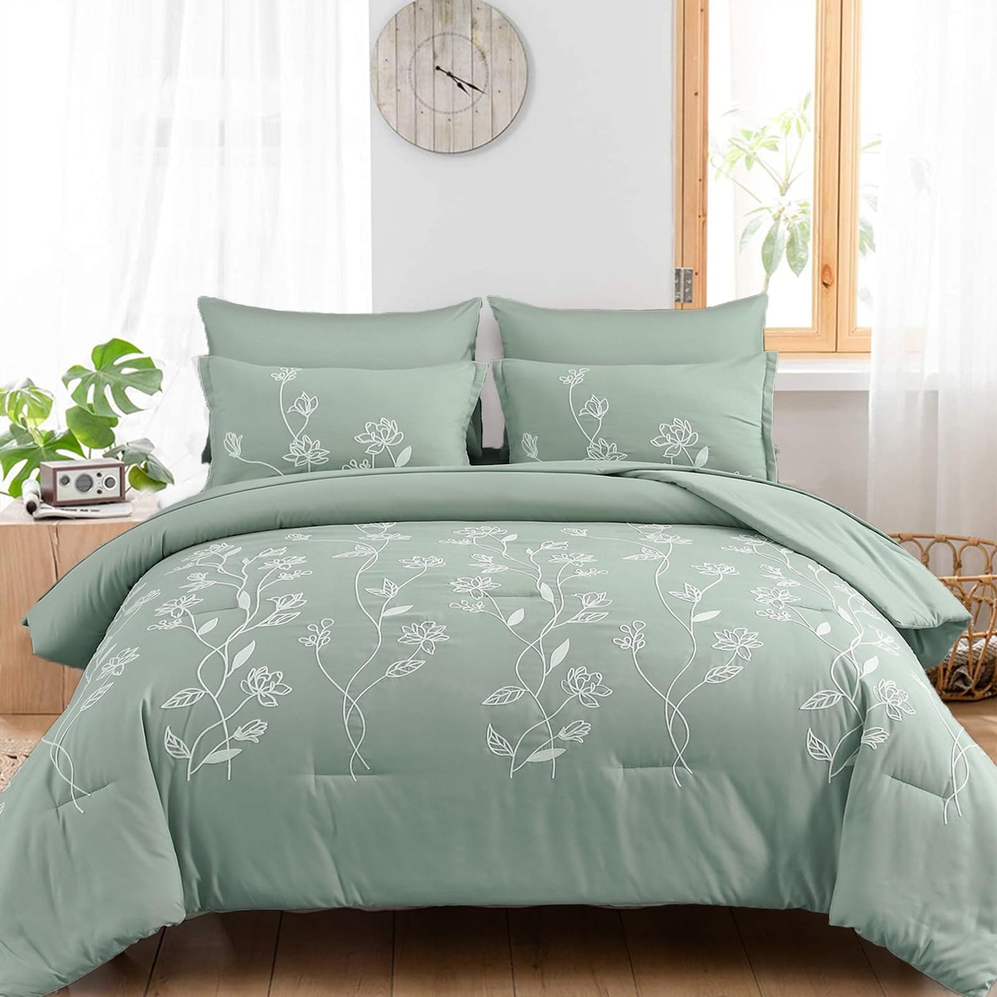 Green Comforter Set Queen, 7 Pieces Bed in a Bag Embroidery Floral Comforter