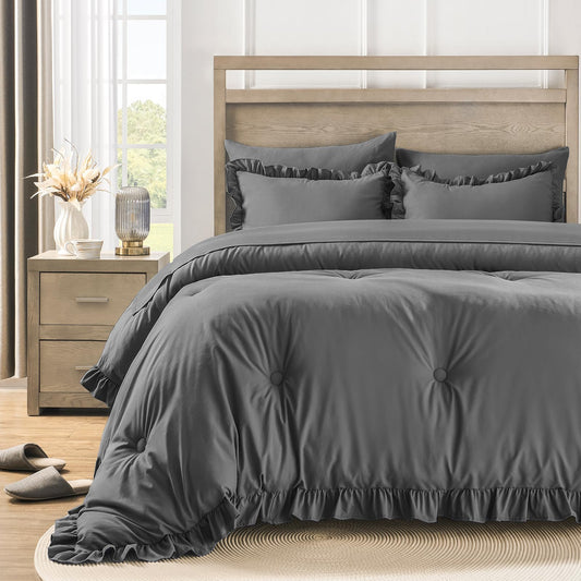 Queen Bed in a Bag 7 Pieces Comforter Set Queen, Ruffle Bedding Comforter Set Dark
