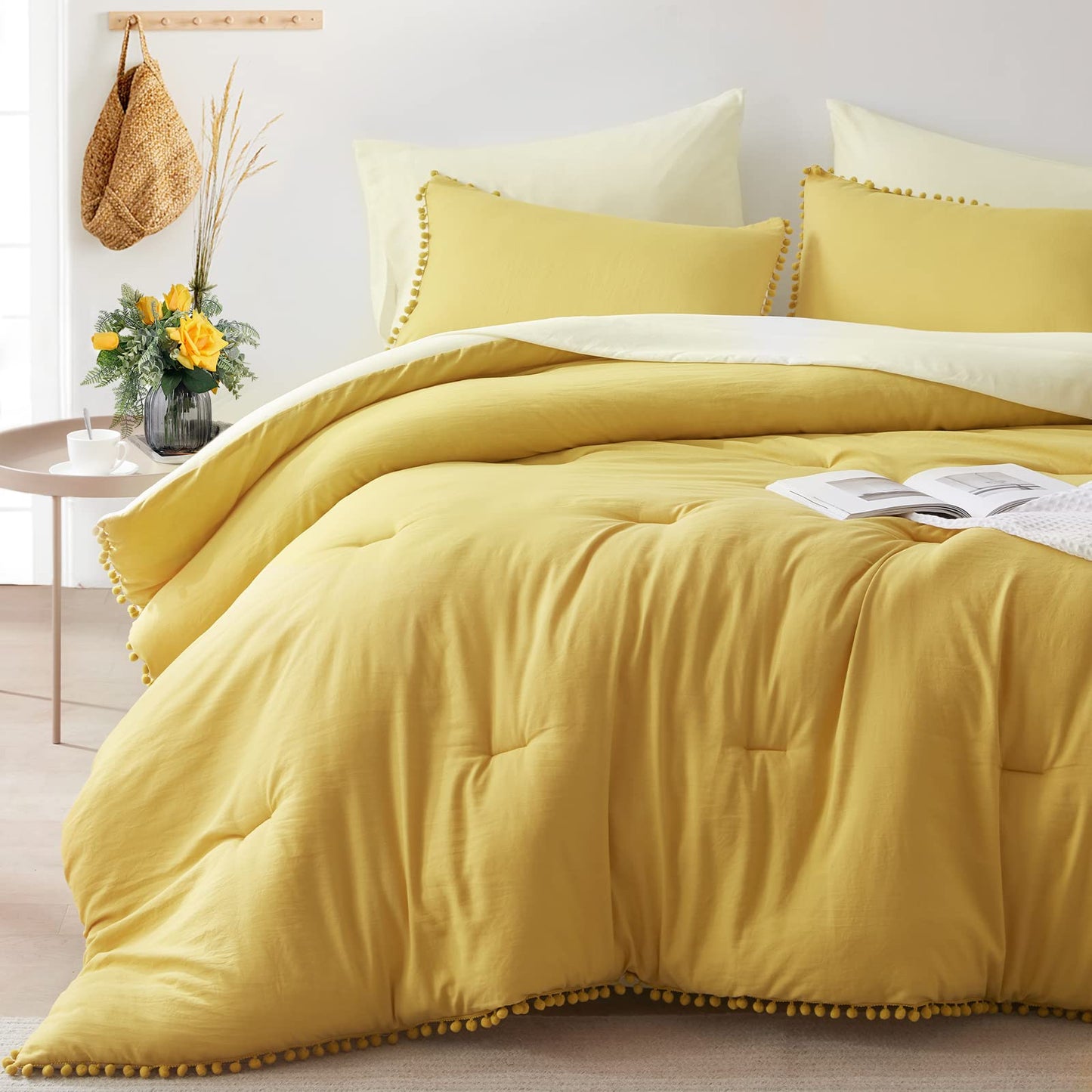 Queen Bed in a Bag 7-Pieces Reversible Comforter Set Queen, Pom Pom Fringe Washed