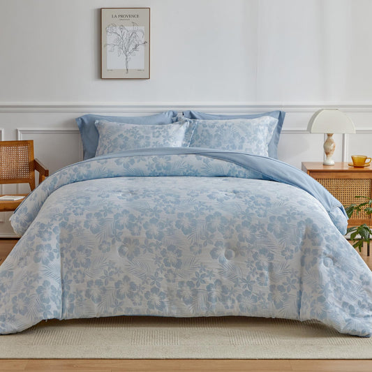 King Comforter Set, White Blue Floral Bedding Comforter Sets, Botanical Flower Leaves