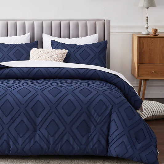 Boho Queen Comforter Set,Navy Blue Rhombus Tufted Queen Size Comforter Set