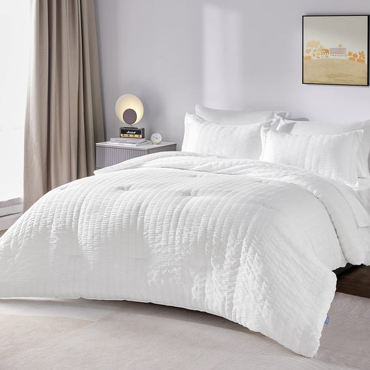 Queen Bed in a Bag White Seersucker Comforter Set with Sheets 7-Pieces All Season