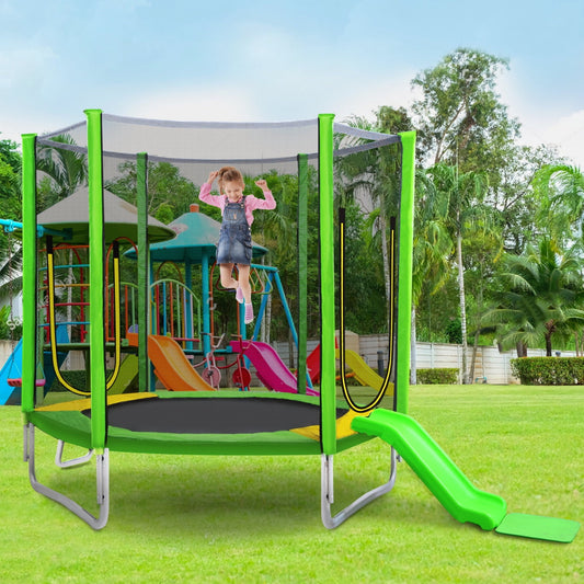 7FT Trampoline with Slide, Recreational Trampoline with Safety Enclosure Net and Ladder, Easy Assembly Round Outdoor Trampoline for Kids, Green