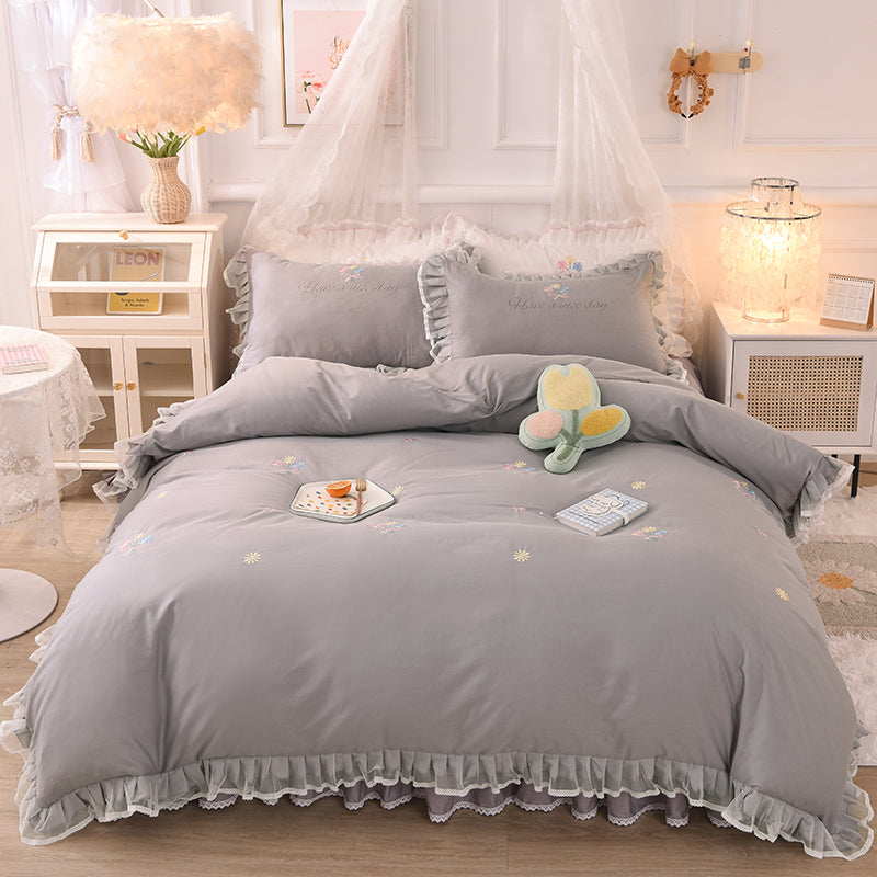 Summer Ruffled Cotton Four-piece Set Girl Heart Embroidery Flower Quilt Cover - Wnkrs